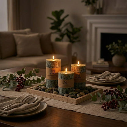 MOZEAL Hand-Poured, Unscented Green Crystal Pillar Decorative Candles, Elegant Set of 3 in Different Sizes (3"x4", 3"x5", 3"x6"), Luxurious Décor for Christmas Homes & Events