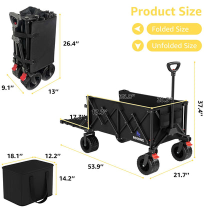 220L Folding Wagon with Detachable 14 Gallon Cooler Bag, Extra Large All-Terrain Heavy Duty Collapsible Beach Wagon Cart with Big Wheels, Foldable Utility Cart for Camping, Tailgate