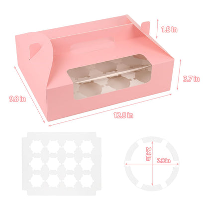 FORBFAN 30 Pcs Cupcake Boxes, 12 Count Muffin Boxes with Handle, Window, and Inserts, Pink Cupcake Holders Bakery Carrier Boxes for Cookies Treats Dessert
