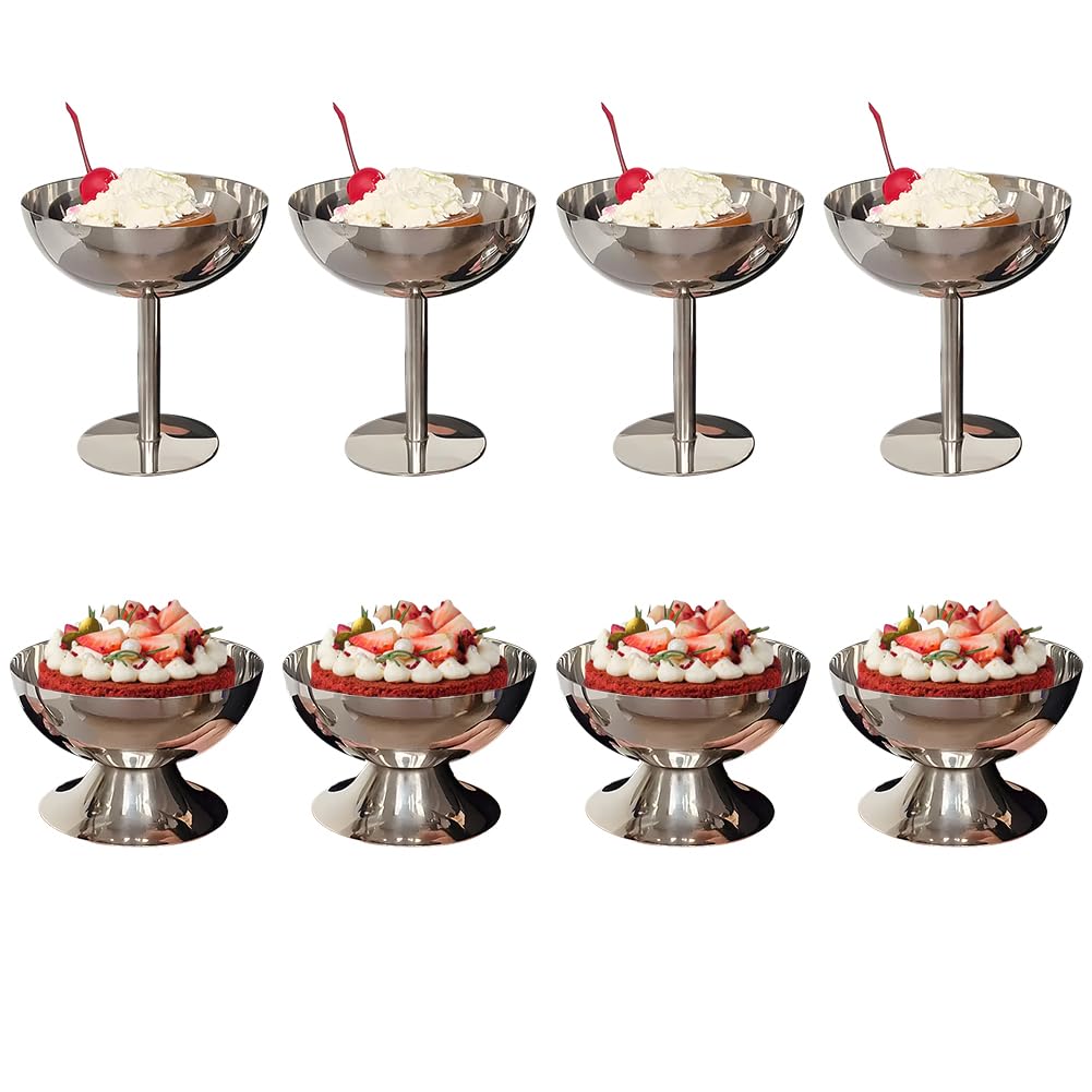 Ice Cream Cup, 7 Oz Stainless Steel Dessert Cups Resuable Cute Sundae Serving Bowl for Dessert, Sundae, Pudding, Salad, Fruit, Snack, Cocktail, Yogurt, Condiment, Trifle (4, Tall + Short)