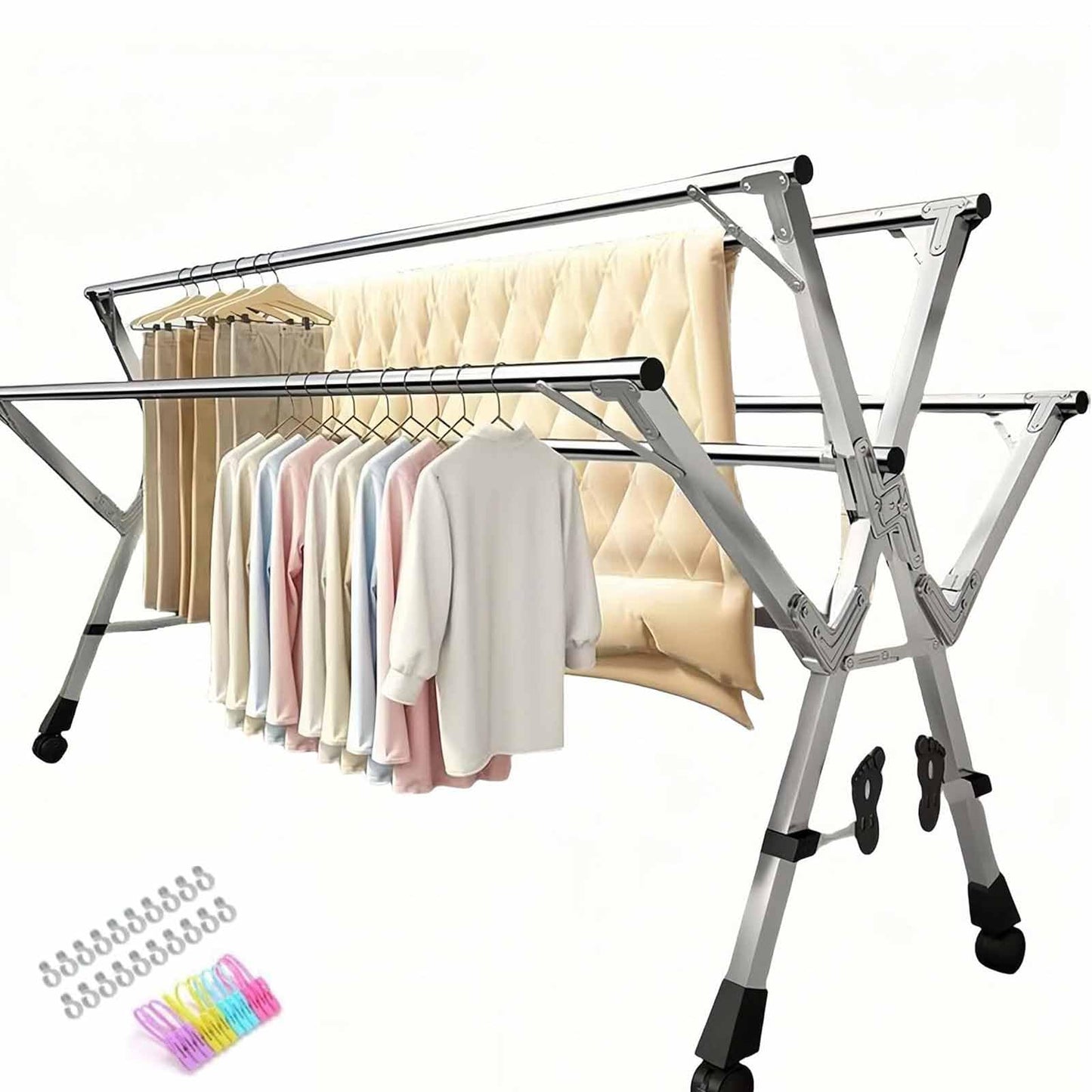 GRPDMDM 5Poles Folding Clothes Drying Rack,Stainless Steel Laundry Rack with Wheels, Blanket Rack,Clothe Sline, Extendable,with Windproof Hooks,for Indoor Outdoor