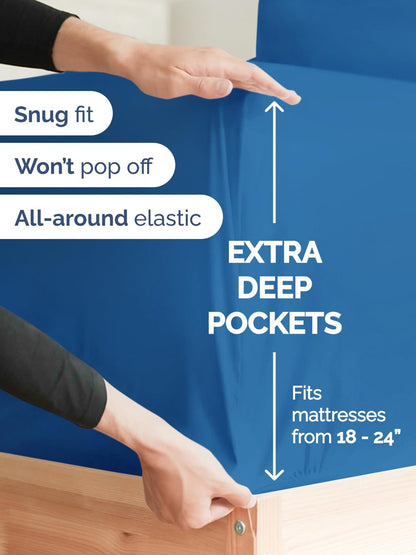 Skiennix Extra Deep Split King Sheet Set - 7 Piece Breathable Cooling Bedding - Soft Wrinkle-Free Royal Blue