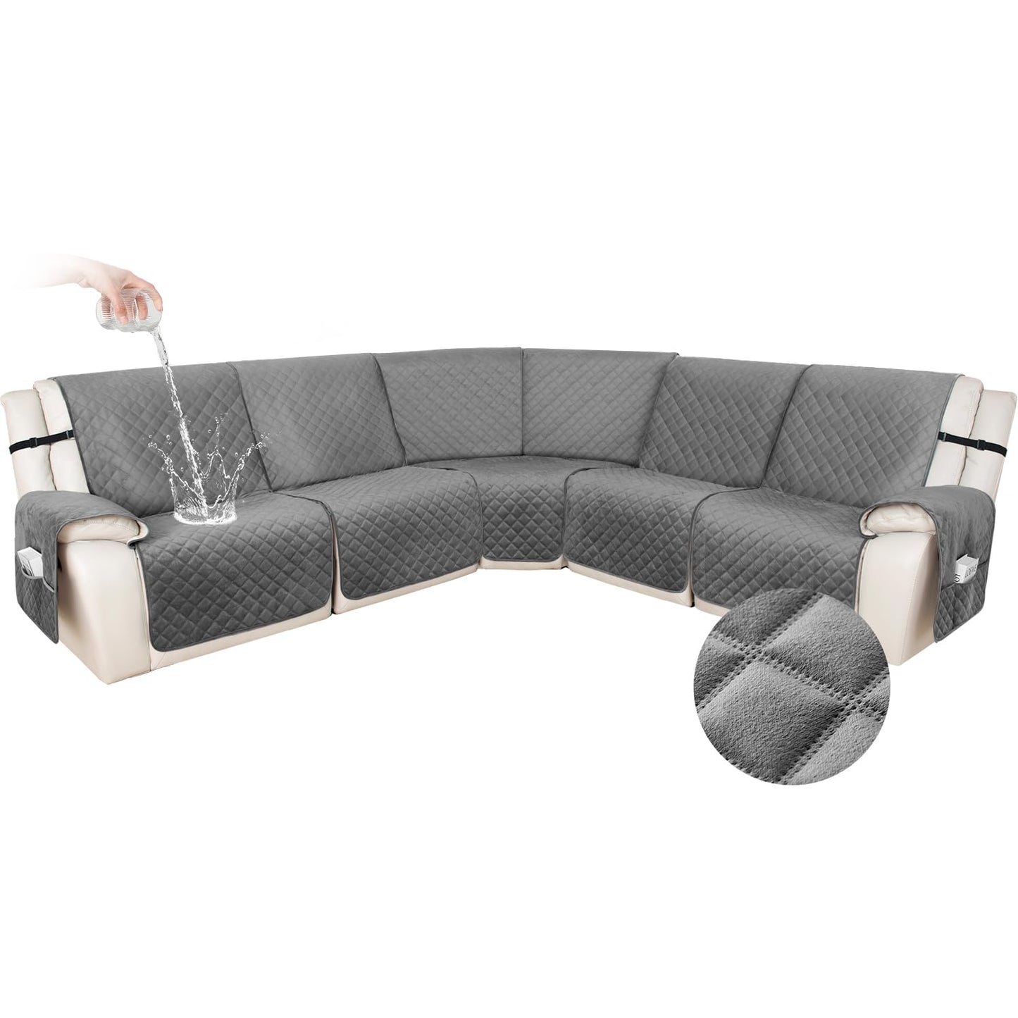 HDCAXKJ 100% Waterproof Recliner Sectional Couch Covers XX-Large L Shaped Corner Reclining Sofa Cover Washable Thick Non Slip Sectional Slipcover with Pockets (XXL 5 Seat Recliner Couch, Grey)