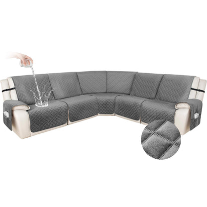 HDCAXKJ 100% Waterproof Recliner Sectional Couch Covers XX-Large L Shaped Corner Reclining Sofa Cover Washable Thick Non Slip Sectional Slipcover with Pockets (XXL 5 Seat Recliner Couch, Grey)