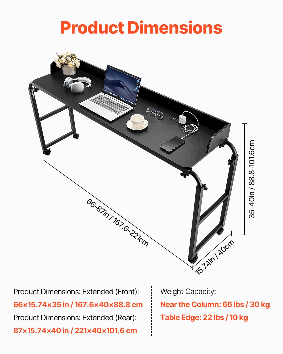 VEVOR Overbed Table, Mobile Bed Side Table with 4 Wheels (2 with Brakes) and Power Socket, Height Adjustable Rolling Laptop Desk, Portable Particleboard Over Bed Desk for Home, Office, Study, Black