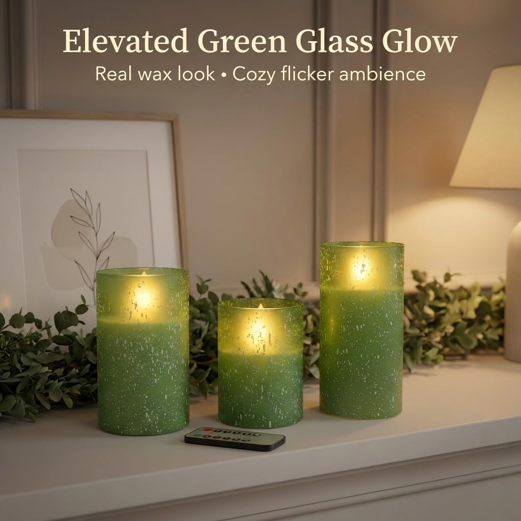 COVEGE Green Flameless Candles with Remote, Glass Flickering Battery Operated LED Pillar Candles with Timer, Real Wax, Set of 3 x4/5"/6"