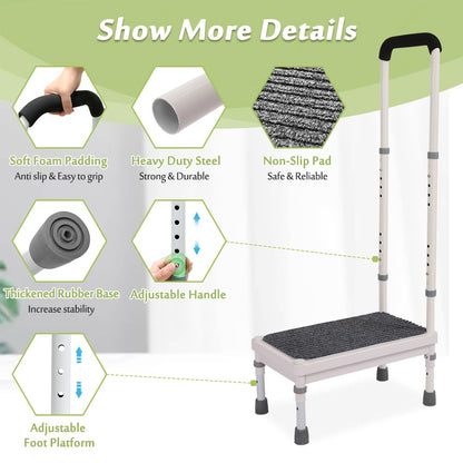 Medical Step Stool with Handle for Elderly Bed Steps for High Beds Adults Bedside Steps with Rail Safety Handicap Bed Stairs Seniors Adjustable Platform Heavy Duty Stepping Stool