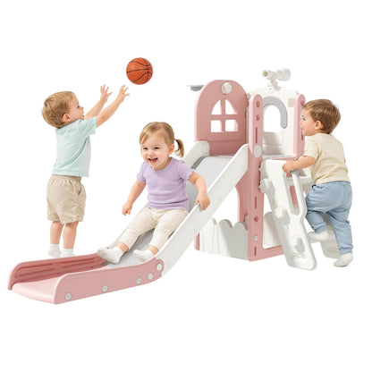 Babytronic Toddler Slide for Kids 1-3, 6-in-1 Toddler Slide Set with Basketball Hoop & Telescope, Indoor Outdoor Toddler Playset, Kids Climber Playset for Small Spaces, Indoor Playground, Pink
