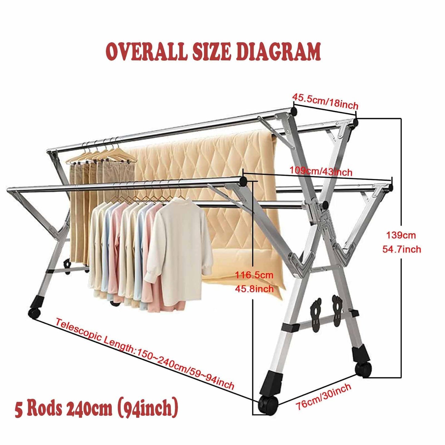 GRPDMDM 5Poles Folding Clothes Drying Rack,Stainless Steel Laundry Rack with Wheels, Blanket Rack,Clothe Sline, Extendable,with Windproof Hooks,for Indoor Outdoor