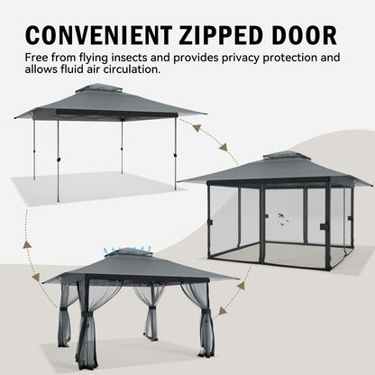 13x13 Outdoor Patio Gazebo with Mosquito Nettings - Double Roof Pop Up Canopy Tent with Wheeled Carry Bag, for Backyard Deck Lawns Garden (Gray, 13X13)