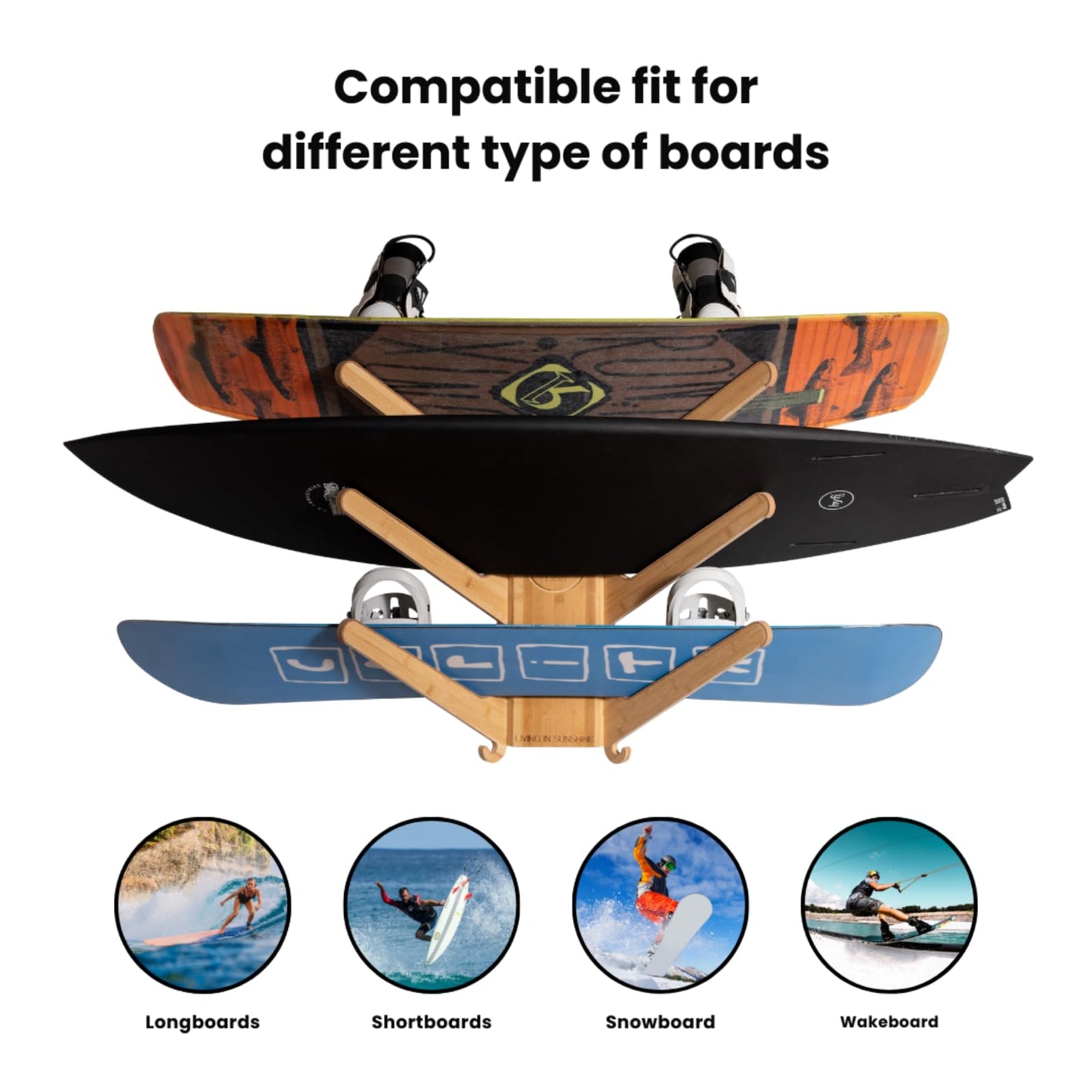 LISS The Sun Rack - Premium Wood Surfboard Wall Mount Rack Display, Ski, Snowboard Holder for 3 Boards for Garage & Home Storage with Built-In Drawer & Hooks for Longboards Shortboards, Wakeboards