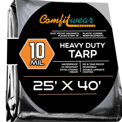 COMFITWEAR Super Heavy Duty Tarp Cover Reinforced Grommet Multi-Purpose Pool Cover Boat Tarp Camping Tarp UV Resistant Waterproof Tarpaulin Canopy Tent Waterproof Tarp Cover (Black-Silver, 25' X 40')