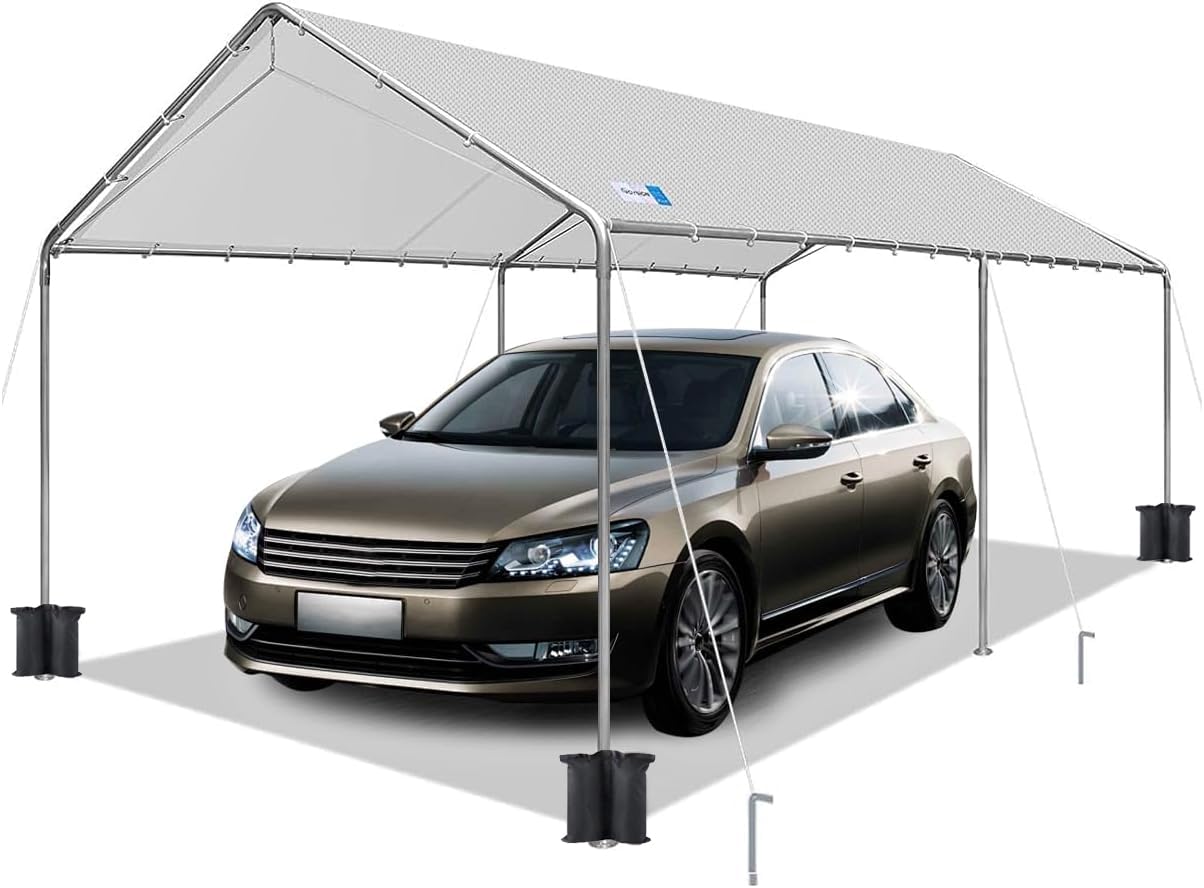 Carport Canopy 10'x20' Heavy Duty Carport, Waterproof & UV Protected Garage Top Tarp Shelter Cover with Reinforced Steel Cables, Outdoor Portable Garage for Car, Boat Tent, Light Grey