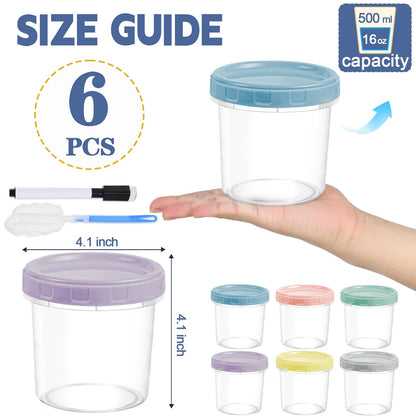 Yomarket 6pcs 16 oz Plastic Deli Containers with Screw Lids, Small Freezer Containers Reusable 2 Cup Food Storage Container with Pen & Brush for Snack Salad Fruit, Microwave & Dishwasher Safe BPA Free