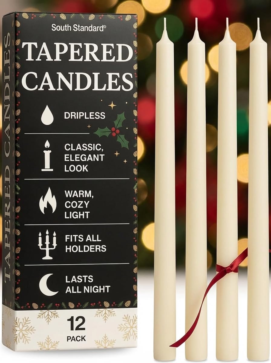 South Standard Premium White Taper Candles Stick | Bulk12 Pack | 9'' Inches | Dripless, Unscented, Smokeless Dinner Candlesticks | 7+ Hour Long Burning for Elegant Weddings, Parties & Home Decor