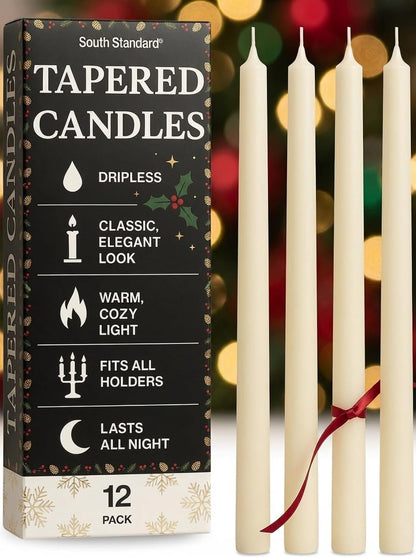 South Standard Premium White Taper Candles Stick | Bulk12 Pack | 9'' Inches | Dripless, Unscented, Smokeless Dinner Candlesticks | 7+ Hour Long Burning for Elegant Weddings, Parties & Home Decor
