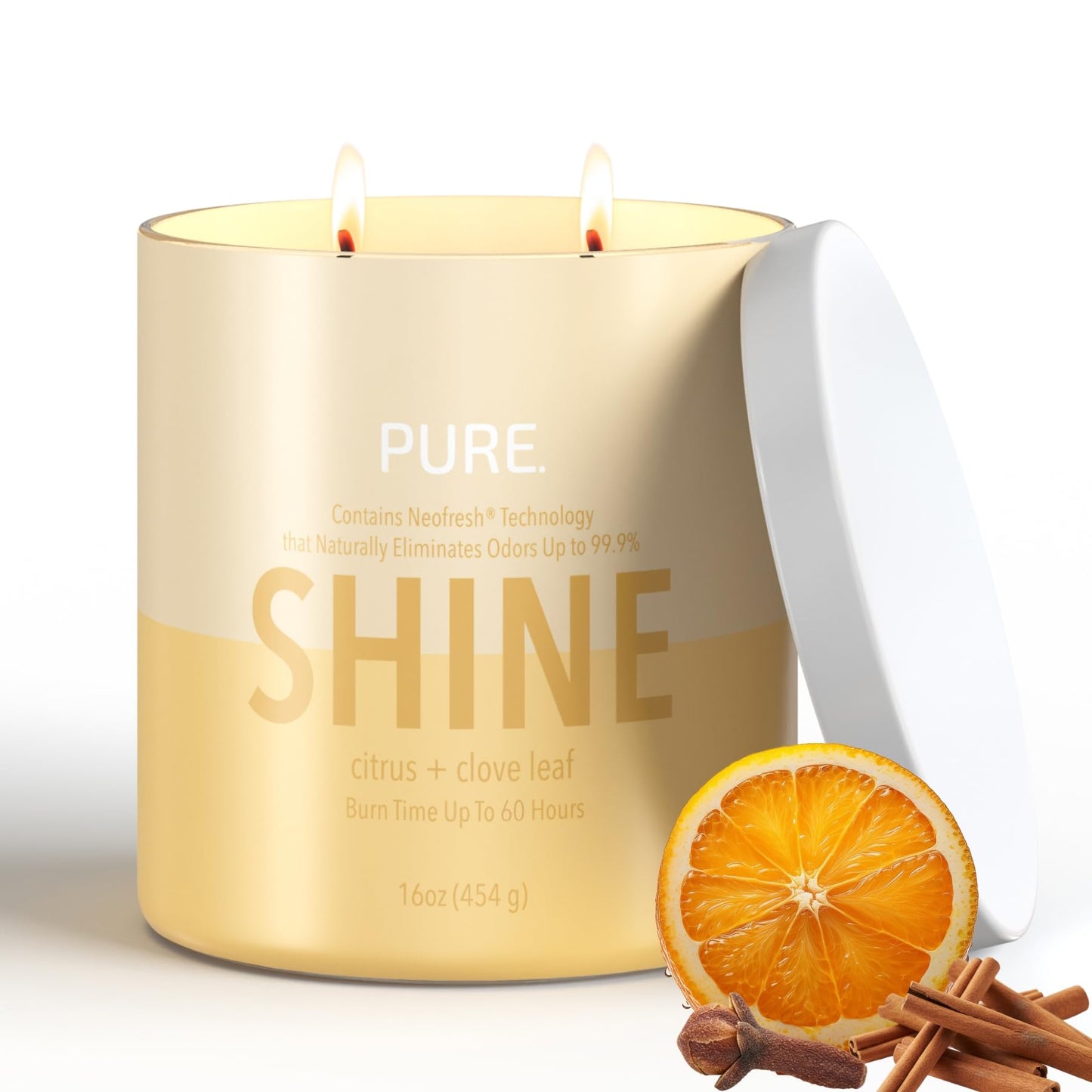 Candle-Lite Pure Citrus & Clove Leaf Odor Eliminating Scented Candles, Neofresh Technology Eliminates 99.9% of Odors, 16 oz 2-Wick Jar, Proudly Poured in The USA, Up to 60 Hours Burn Time
