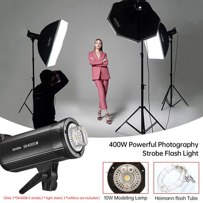 Godox SK400IIV 400Ws Photo Studio Strobe Flash Light Kit,GN65 2.4G X System,Bowens Mount with 10W LED Modeling Lamp,Tripod Stand,Softbox,Reflector for Wedding,Portrait,Fashion,Product Photography