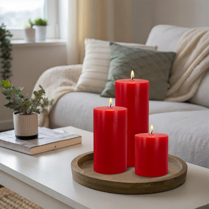 Red Pillar Candles - Unscented Pillar Candles Set of 3 - Dripless, Smokeless for All Occasions (3” W x 3”, 4”, and 6” H), Enjoy Over 150 Hours of Total Burn Time