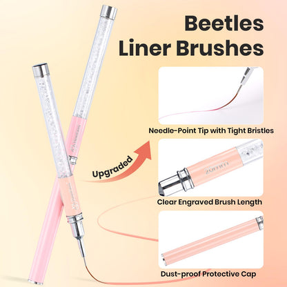 Beetles Nail Art Brushes 8pcs – Crystal Nail Art Tools 5pcs Double-headed Nails Dotting Tool, 3pcs Striping Liner Brushes for Nails with Pearls Bowknot Stickers, DIY Home Salon Manicure Design Tools