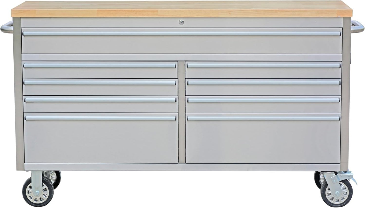 PeakPursuit 61" Rolling Tool Chest with 9 Drawers, Solid Rubber Wood Workbench Top, Locking Wheels & Key Lock, Mobile Garage Tool Cabinet for Workshop Storage & Organization, Silver