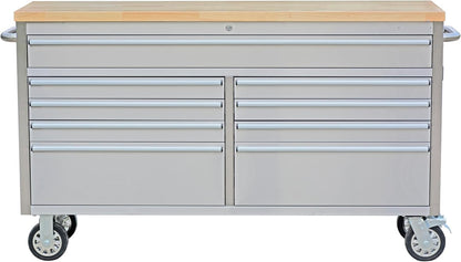 PeakPursuit 61" Rolling Tool Chest with 9 Drawers, Solid Rubber Wood Workbench Top, Locking Wheels & Key Lock, Mobile Garage Tool Cabinet for Workshop Storage & Organization, Silver