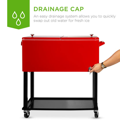 Best Choice Products 80-Quart Outdoor Steel Rolling Cooler Cart w/Ice Chest, Bottle Opener, Catch Tray, Drain Plug, Locking Wheels - Red