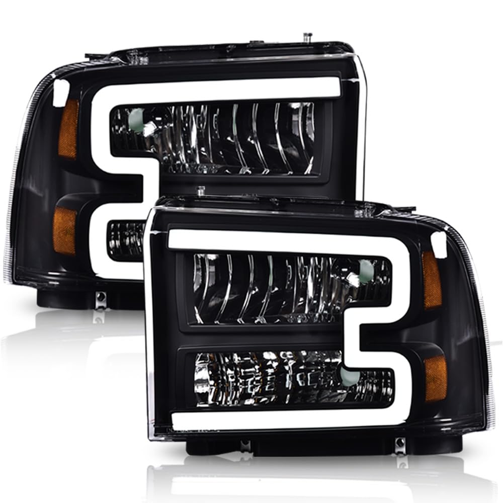 CHEDA LED DRL Headlights Assembly Compatible with 2005 2006 2007 Ford F250 F350 F450 F550 Super Duty bumper Headlamp（Clear lens Black Housing Amber Reflector） Faros Conjunto De Faros