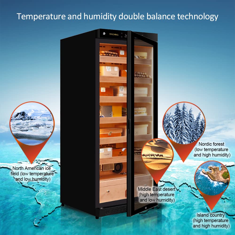 Cigar Climate Control Cabinet, Raching 330L Cigar Humidor Cabinet for Storing&Aging, Wood Frame with Constant Temperature and Humidity System, 6 Premium Canada Cedar Trays - Piano Paint Black