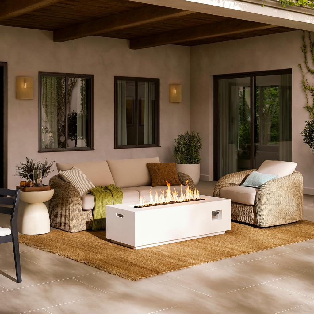 Christopher Knight Home Rado Outdoor Propane Fire Pit Table with Lava Rock, No Assembly Light Concrete Tank Table for Patio, 40000 BTU, Rectangular Tabletop Fire Pit Outdoor, Patio Fire Table, White
