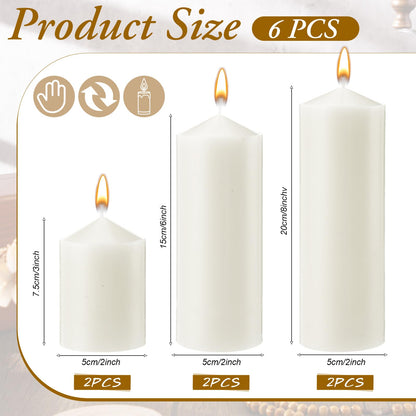 MTLEE 6 Pcs Pillar Candles 3 Set 2 in x 3, 6, 8 Inch Smokeless Dripless Unscented Pillar Candles Long Clean Burning Wax for Wedding Dinner Party Spa Emergency Ceremony Home Decor(White)