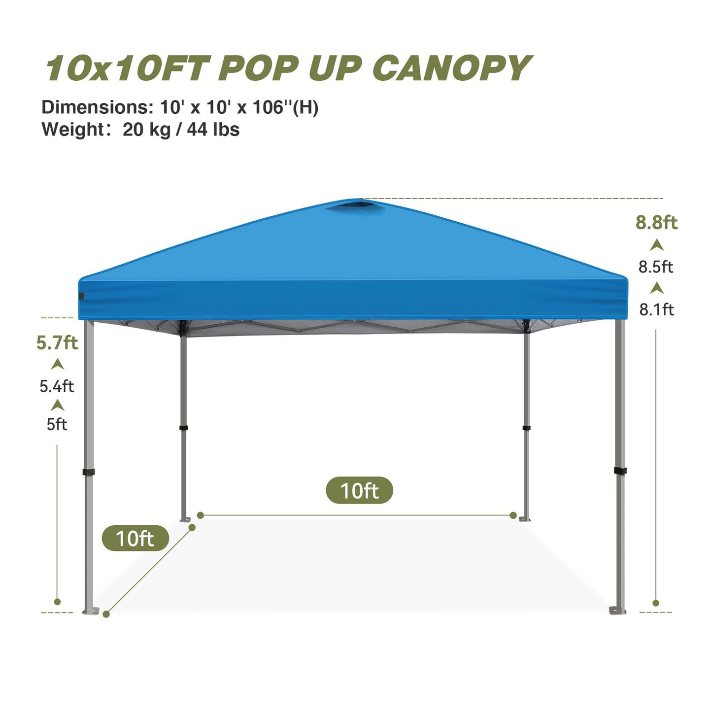 HYPER VENTURE 10x10ft Pop Up Canopy Tent with One Push Setup, Portable Outdoor Event Shelter with Rolling Carry Bag for Camping, Beach, Market, Patio (Blue)