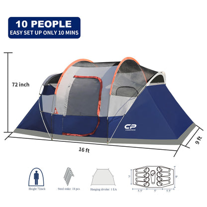 CAMPROS CP Camping Tent 10/12 Person Family Cabin Tent, 2 Room Water Resistant Waterproof Tent with Top Rainfly, 4 Large Mesh Windows, Double Layer, Easy Set Up, Portable with Carry Bag