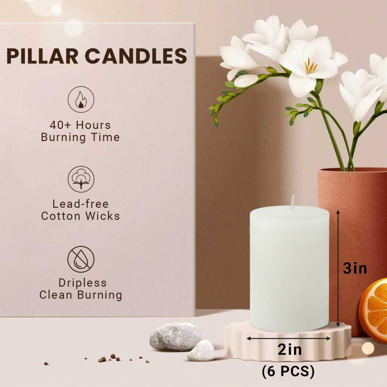 6 Pack 2x3 inch Pillar Candles, White Unscented Votive Candle for Celebration Home Decoration, Dripless and Long Burning Time