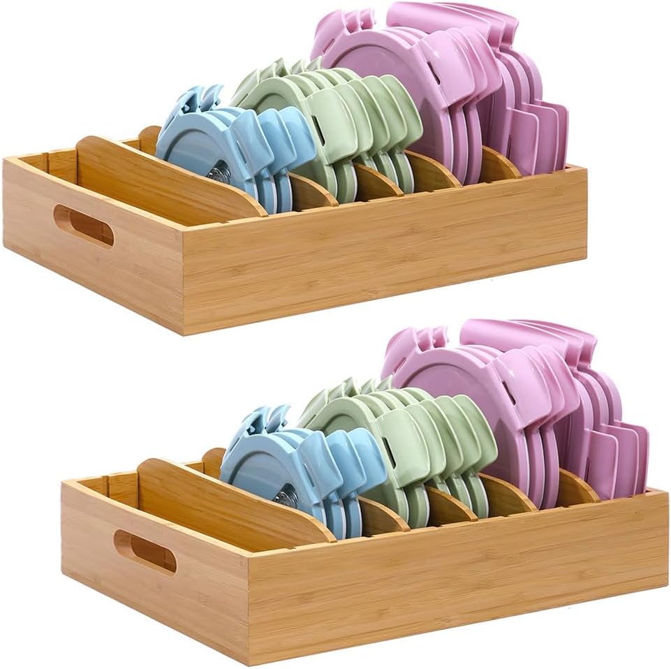 Bamboo Lid Holder | Kitchen Organizer with 5 Adjustable Dividers | 2-Piece Food Container Set