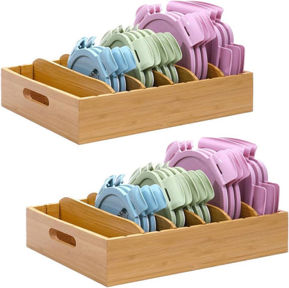 Bamboo Lid Holder | Kitchen Organizer with 5 Adjustable Dividers | 2-Piece Food Container Set