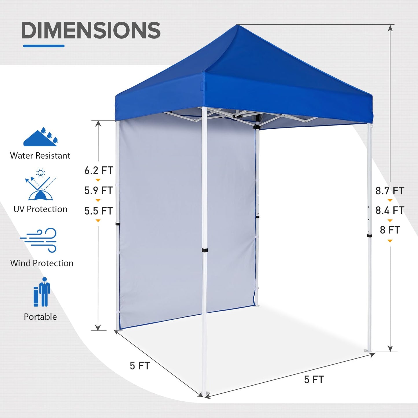EAGLE PEAK Pop up Canopy 5x5, Outdoor Portable Canopy Tent with One Removable Sunwall, Carry Bag Included, Blue