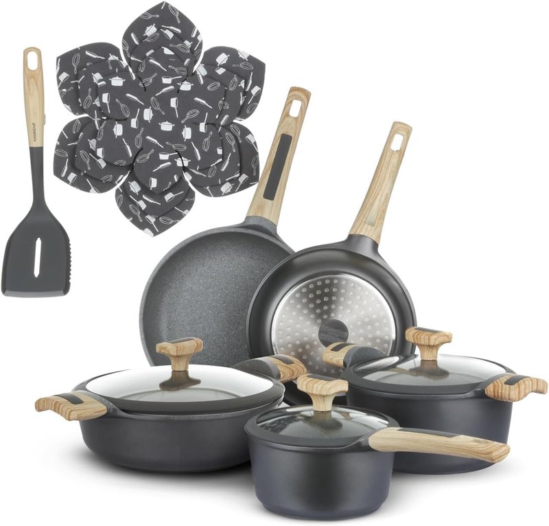 KASANOVA 12-pcs cookware set Nonstick, Induction pots and pans, Aluminum pans for cooking with glass lids, kitchen tool and pan protectors, PFOA-free (12 piece)