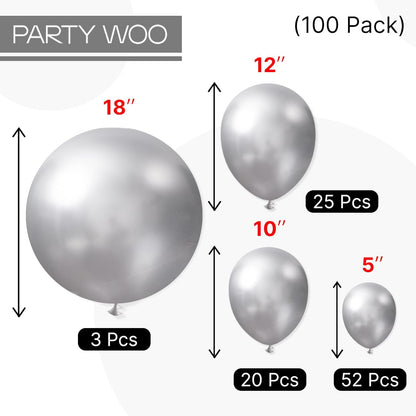 PartyWoo Silver Balloons - 100-Piece Arch Kit with Various Sizes for Birthday & Wedding Decor