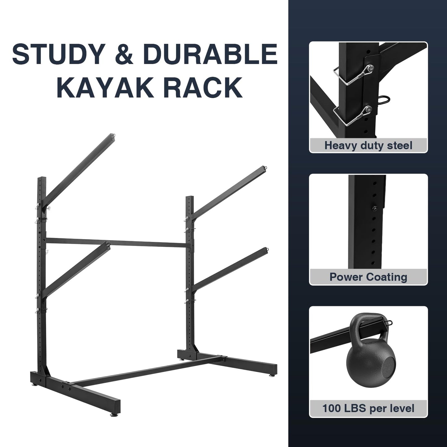 QonicFly Heavy Duty Kayak Storage Rack - Adjustable Freestanding Stand for Kayaks, Canoes, Paddleboards, and Surfboards - Ideal for Garage, Shed, Dock, and Outdoor Storage (2 Levels)
