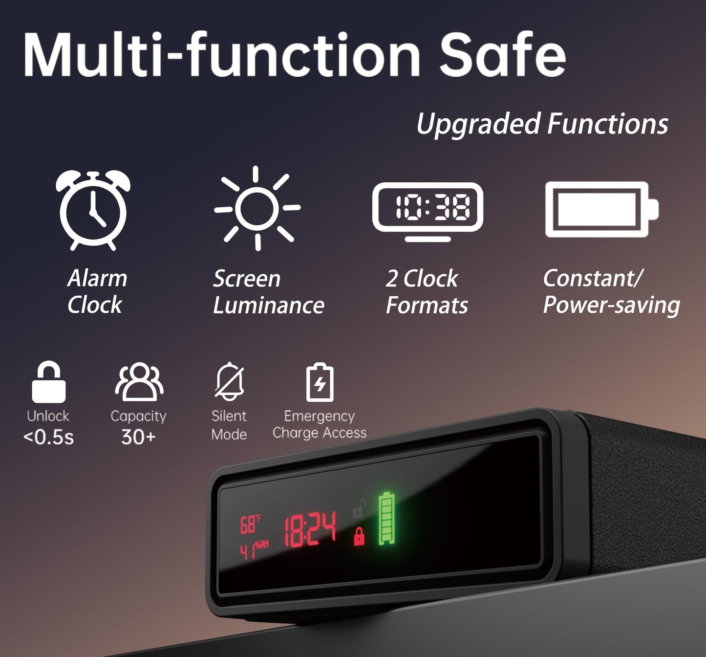 ORARAER Biometric Smart Gun Safe with Wireless Charging, 3 Quick Access Money Box with Fingerprint - Compact Bedside Drawer Safe, 24/7 Digital Clock handgun safe,Gifts for Father's Day