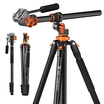 K&F CONCEPT 90''/230cm Overhead Camera Tripod, Horizontal Shooting Video Tripods with Fluid Head Heavy Duty, Detachable Monopod, for Indoor and Outdoor Use T254A7+FH-03