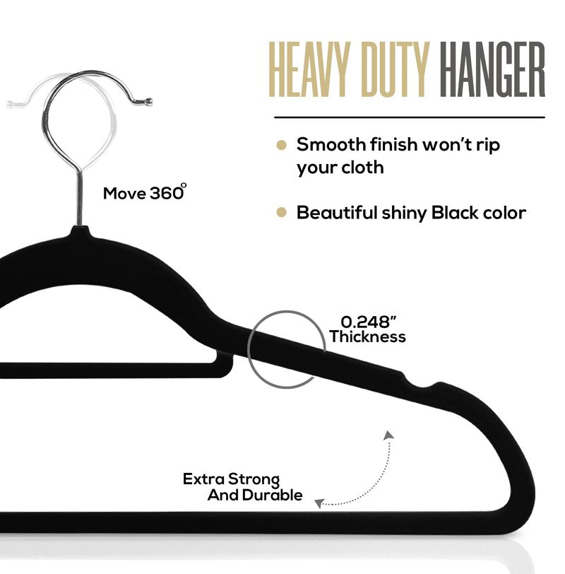 Utopia Home Velvet Hangers 100 Pack – Premium Non-Slip Slim Clothes & Coat Hangers with Tie Bar, Space-Saving Heavy Duty Design, 360° Swivel Hook – Black