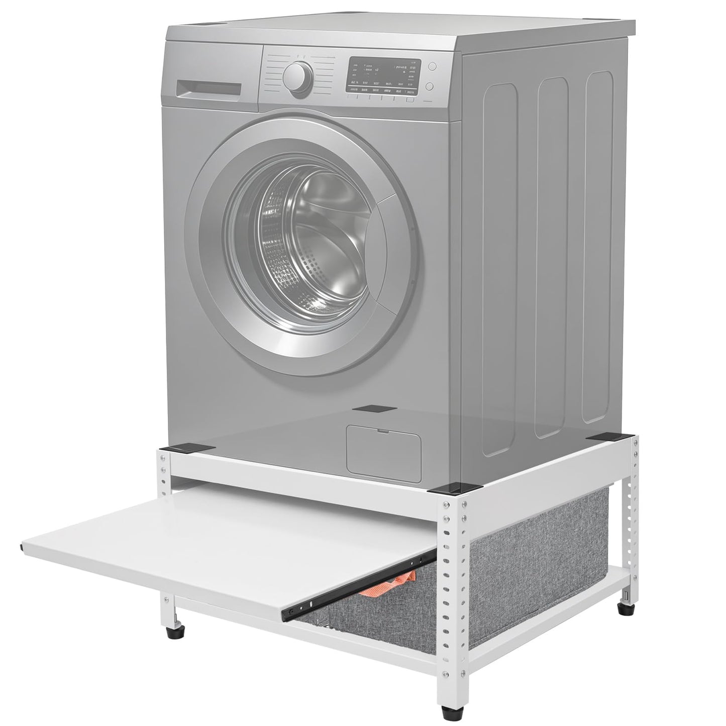 Washer and Dryer Pedestals, 28" L x 28" W Heavy Duty Metal Washer and Dryer Stand Universal Platform, Washer Dryer Pedestal with Basket Shelf, Portable Storage Bag, 4 Silicone Pads, Fit 800lbs, White
