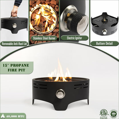 15 Inch Propane Tabletop Fire Pit 40000 BTU Portable Gas Fire Pit with Lava Rocks Round Steel Fire Bowl for Outdoor Patio Balcony Garden, Black