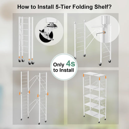 Himix 5 Tier Foldable Storage Shelves, Expandable Folding Pantry Shelf with Wheels, Changeable into 2 Shelf Units, Collapsible Storage Rack Metal Shelves for Kitchen, Room, Garage, White