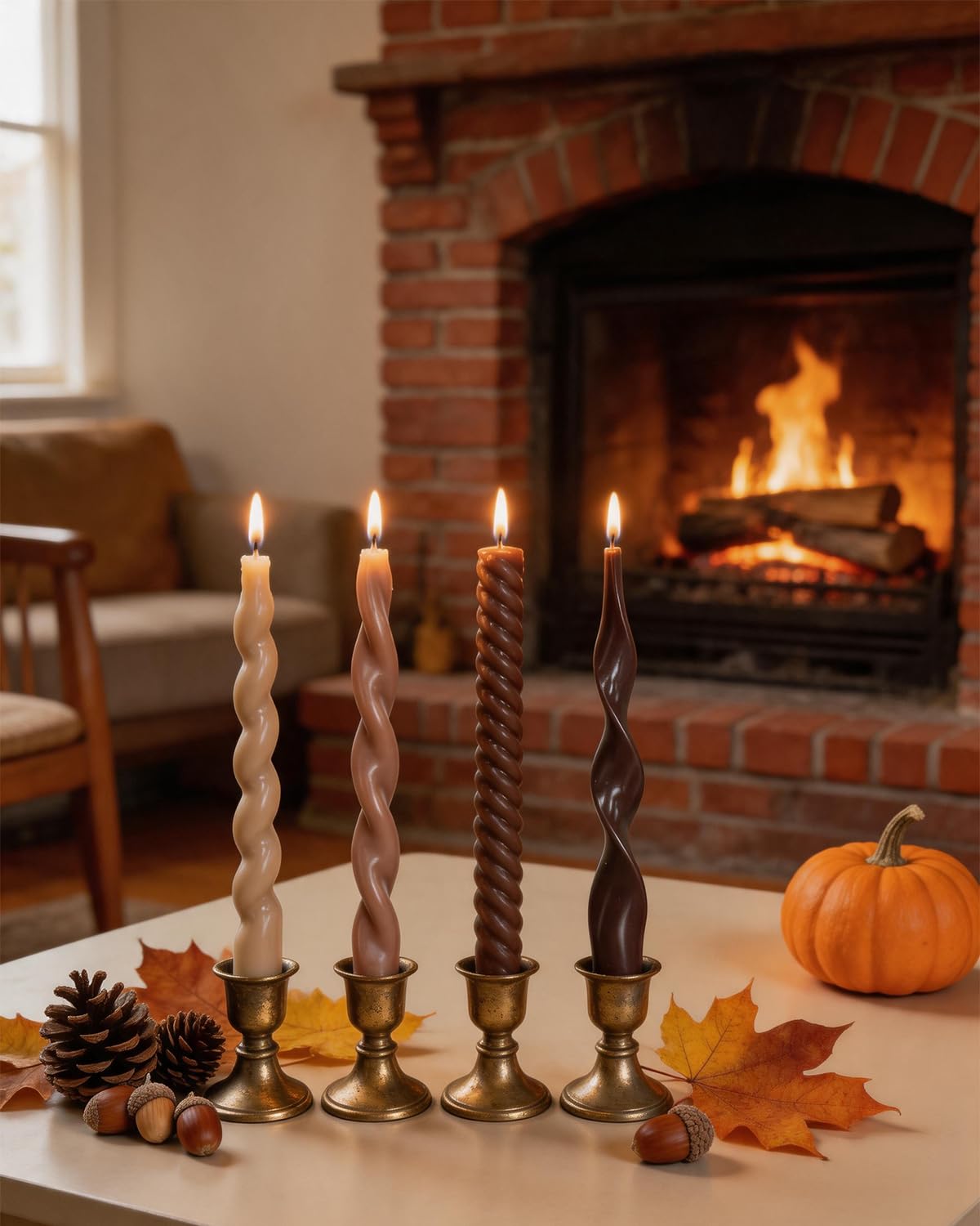 Spiral Taper Candles Brown Candlesticks Unscented Smokeless Tall Candles for Fall Decor Holiday Dinner Party Christmas Decorations-10inch,4pcs