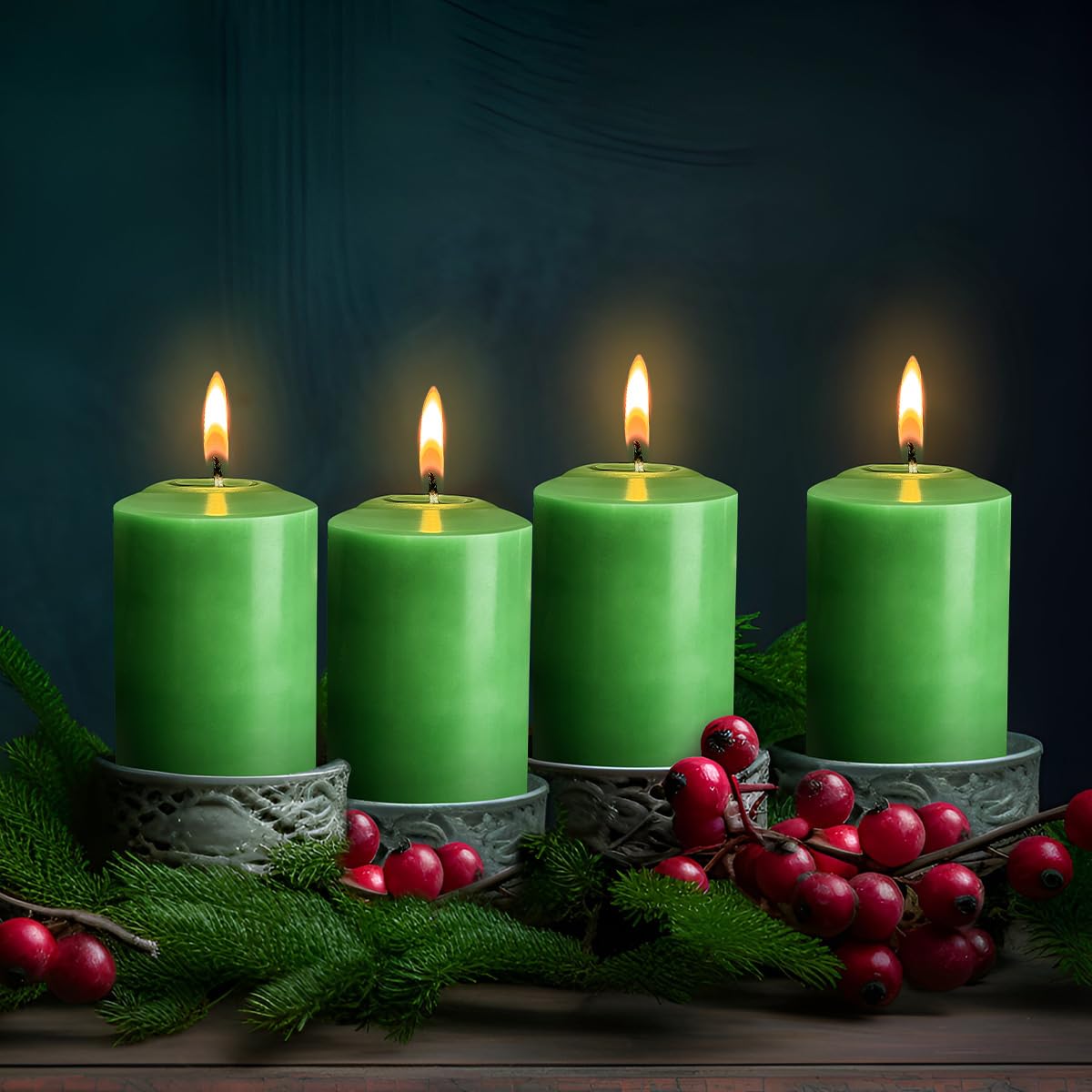 12 Pack 2x3 Hand Poured Dripless Pillar Candles, Green Soy Candles