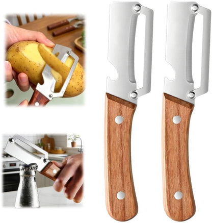 Skiennix Multi-Functional Vegetable Peeler - 2-in-1 Stainless Steel with Wooden Handle & Bottle Opener | 2 Pack