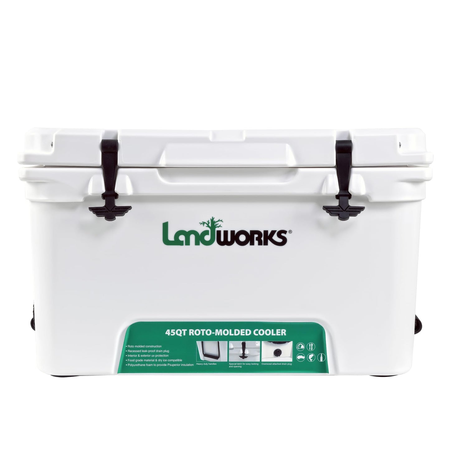 Landworks Rotomolded Ice Cooler 45QT Up to 5 Day Ice Retention Commercial Grade Food Safe Dry Ice Compatible UV Protection 15mm Gasket Bottle Openers Low Profile Latches